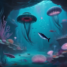 Underwater Cave with Coral and Jellyfish Scene