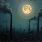 Silhouette of Industrial Buildings Under a Full Moon