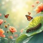Vibrant Watercolor of a Lush Garden with Caterpillar