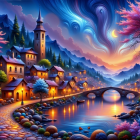 Twilight Village with Colorful Houses and Cherry Blossoms