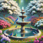 Serene garden scene with classical fountain and flora