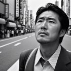 Contemplative Man Under City Advertisement Canopy