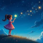Young girl on grassy hill with starry night sky
