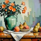 Vibrant Still Life with Flowers, Pears, and Pastels