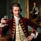 Regal Man in Maroon Velvet Coat with Brandy Glass