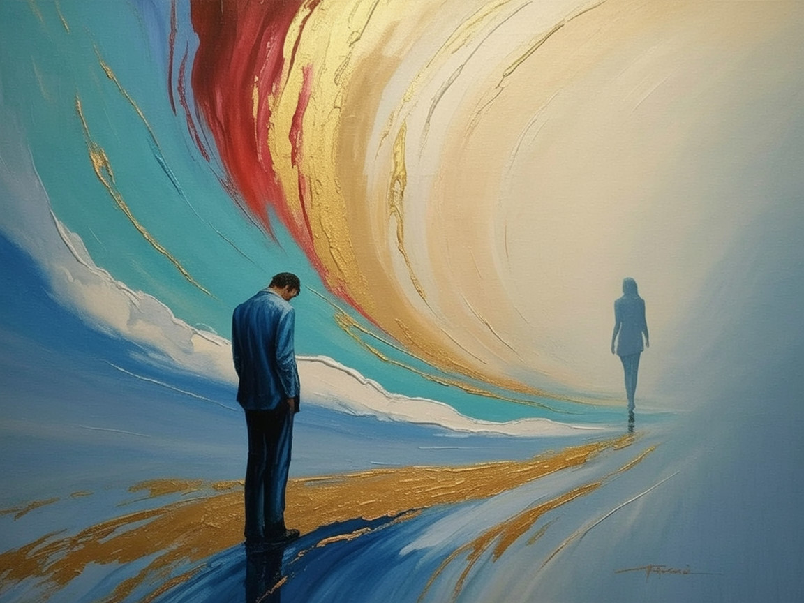 Man in Blue Suit on Reflective Surface with Colorful Background
