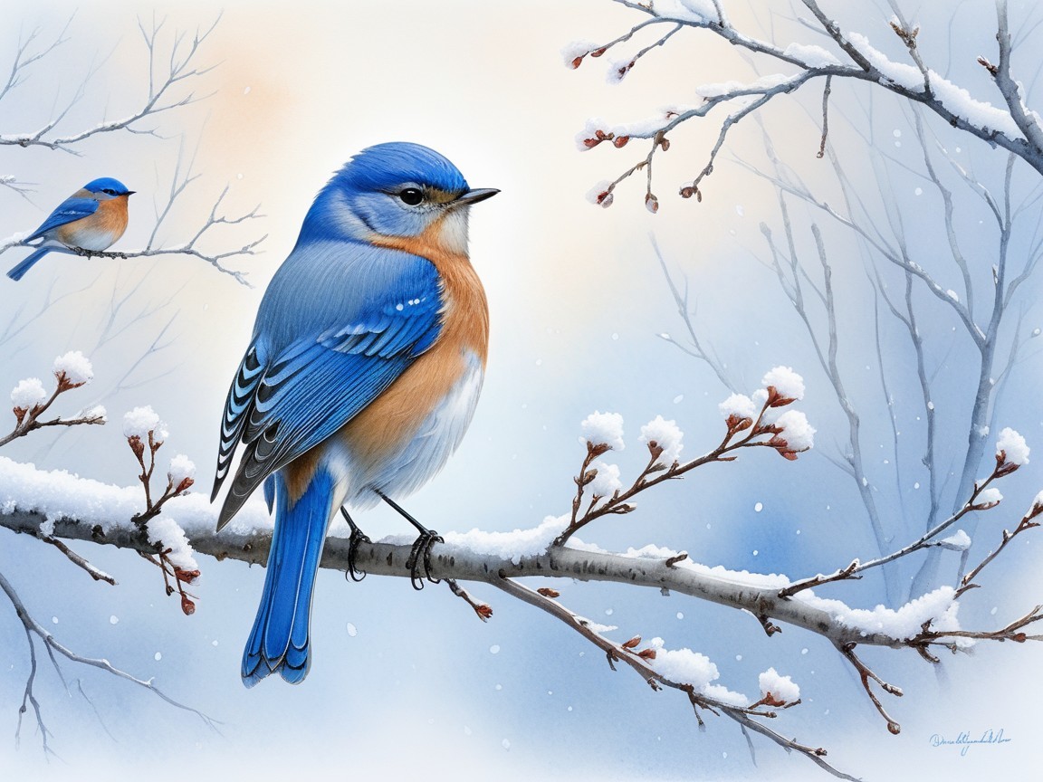 Bluebird on Snow-Dusted Branch in Winter Scene