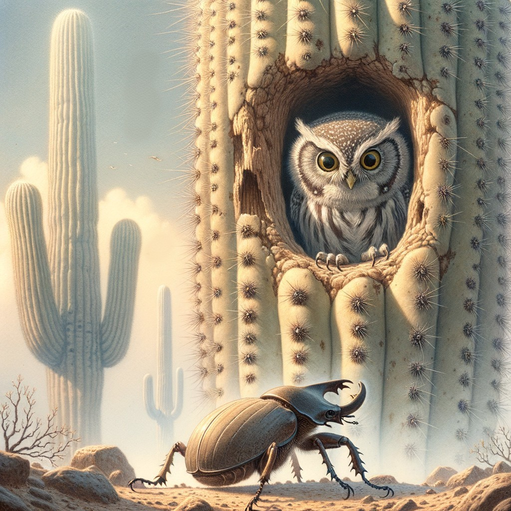 Surreal Desert Scene with Owl and Beetle Interaction