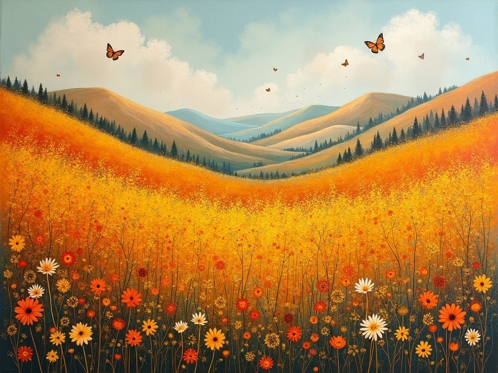 Vibrant Landscape of Wildflowers and Rolling Hills