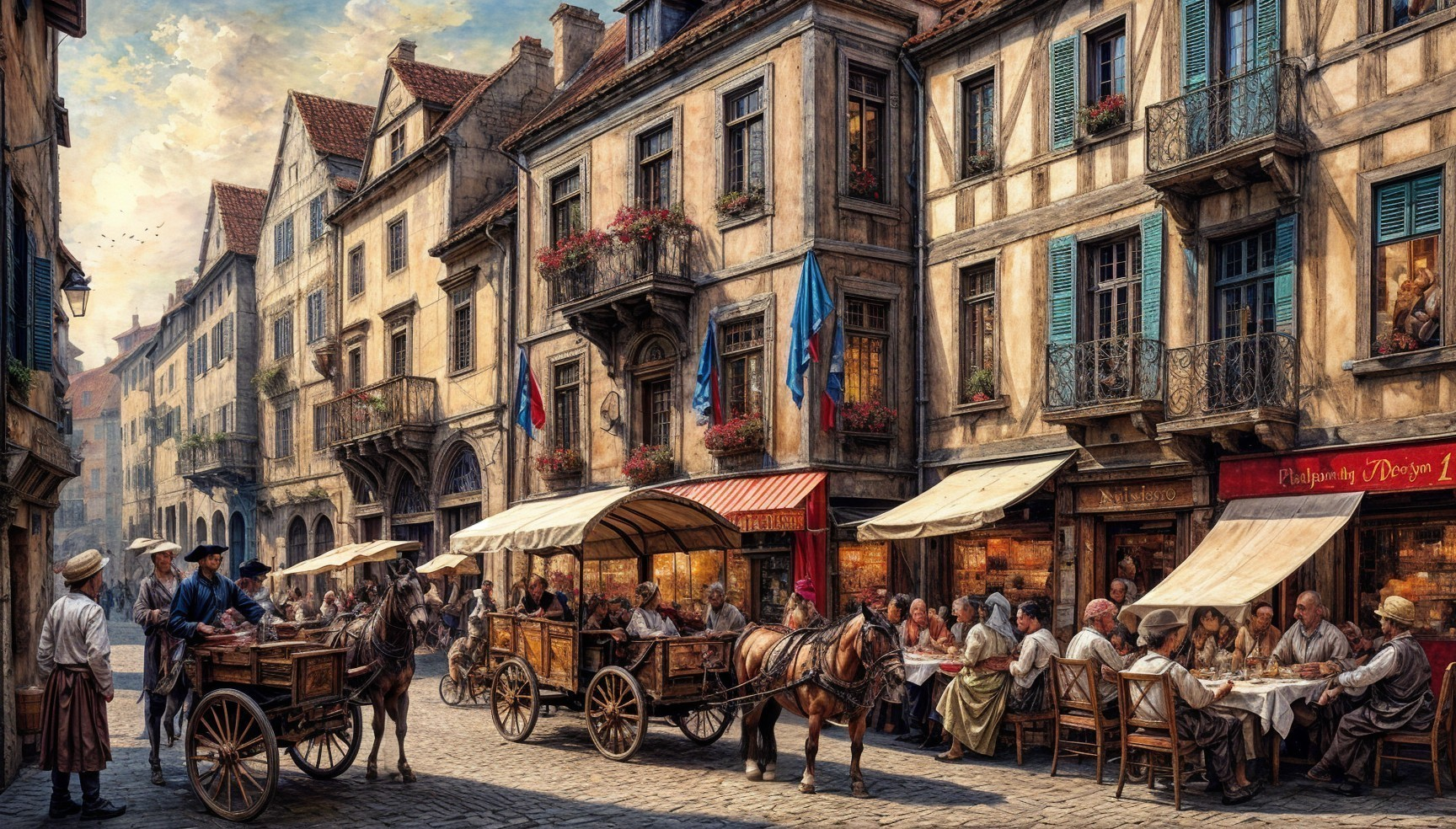 Vibrant Medieval Street Scene with Market Activity