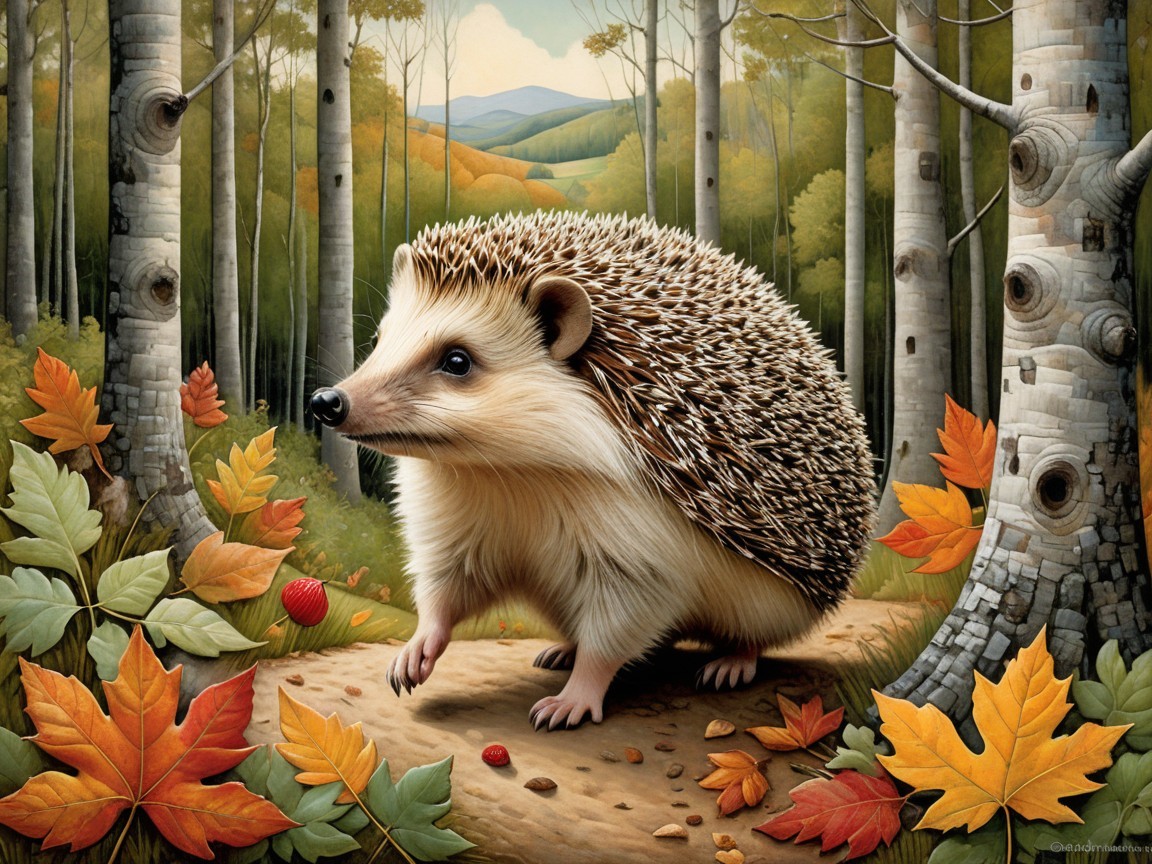 Hedgehog on Forest Path Surrounded by Autumn Leaves