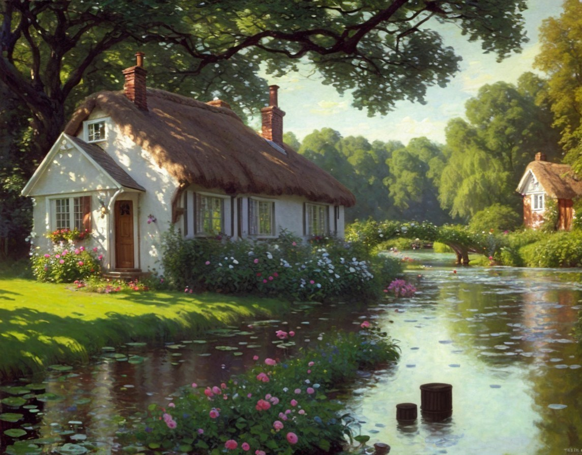 Thatched-Roof Cottage by a Serene River and Gardens