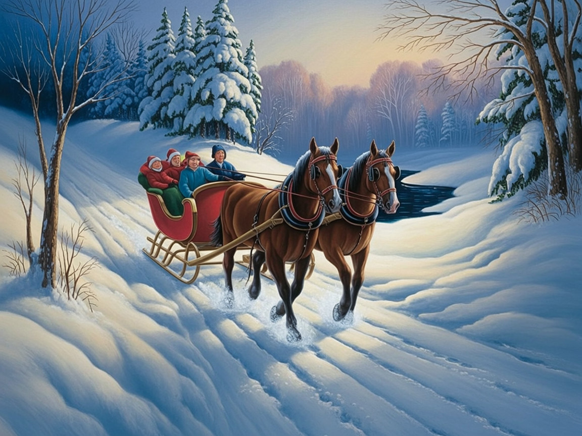 Winter Scene with Horse-Drawn Sleigh in Snowy Landscape