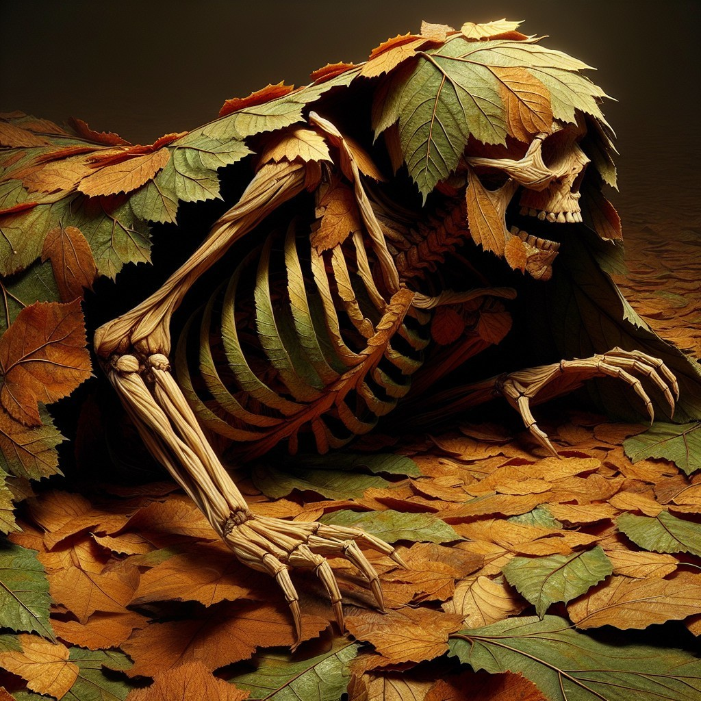 Skeletal Figure Among Vibrant Autumn Leaves in Forest