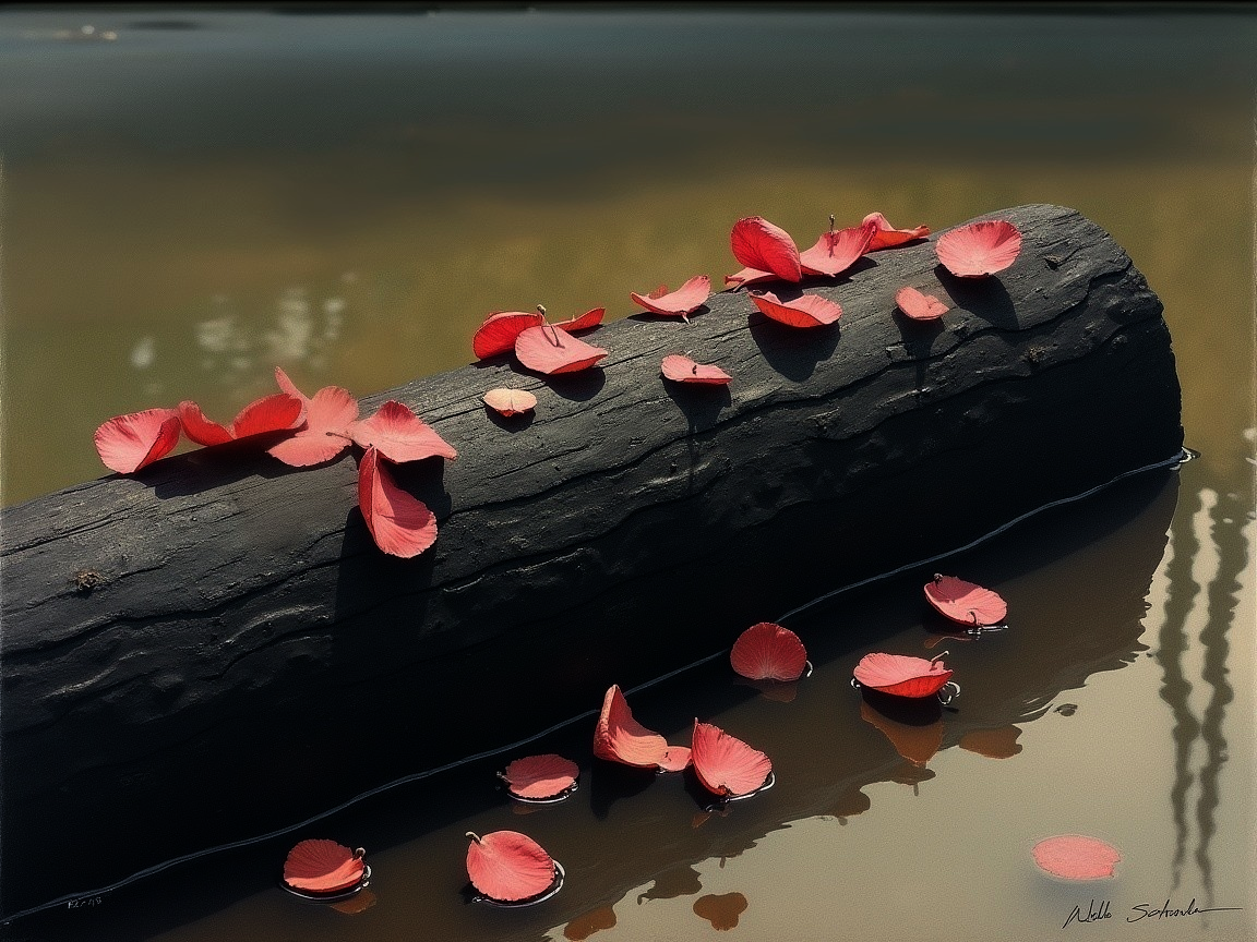 Weathered Log with Red Petals in Calm Waters