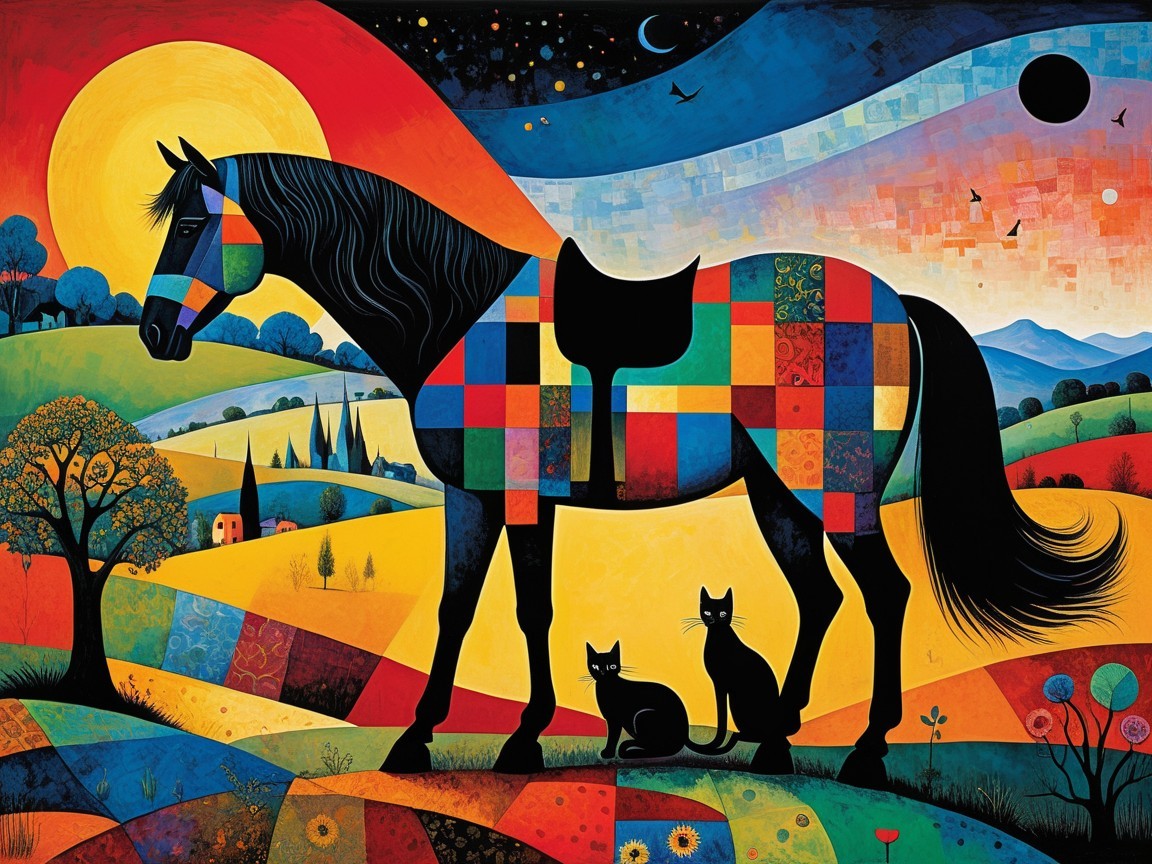 Vibrant Landscape with Patterned Horse and Cats