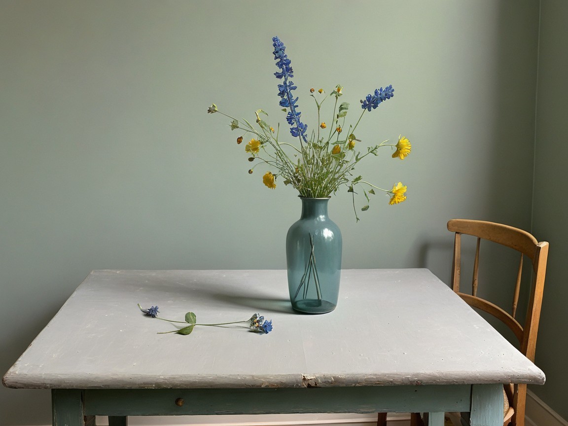 Rustic Table with Wildflowers and Wooden Chair Scene