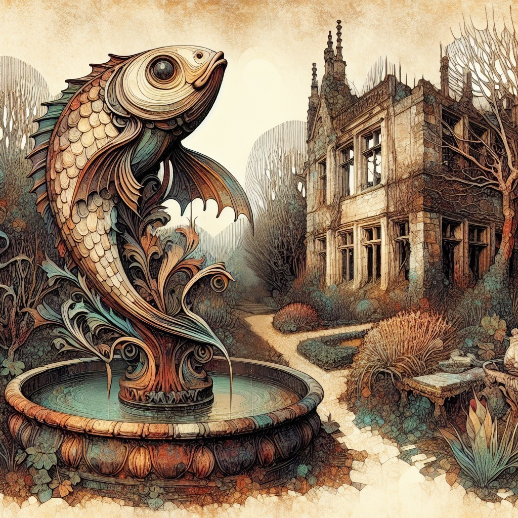 Vibrant Fish Sculpture in Gothic Garden Fountain