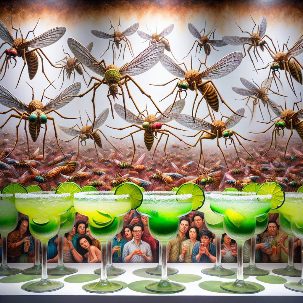 Surreal Scene of Green Margaritas and Oversized Mosquitoes