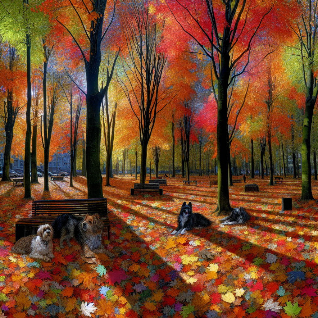 Autumn Park Scene with Colorful Leaves and Dogs