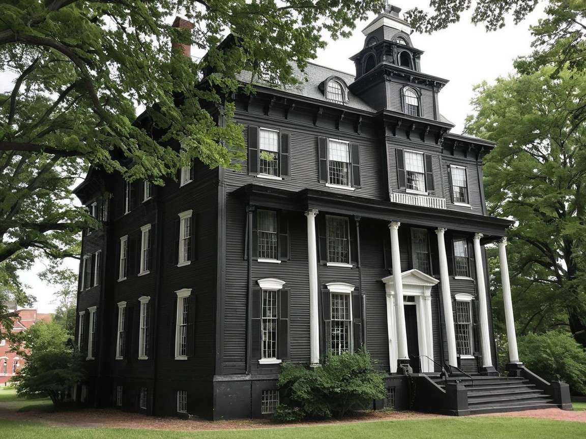 Black Mansion with White Columns and Lush Surroundings