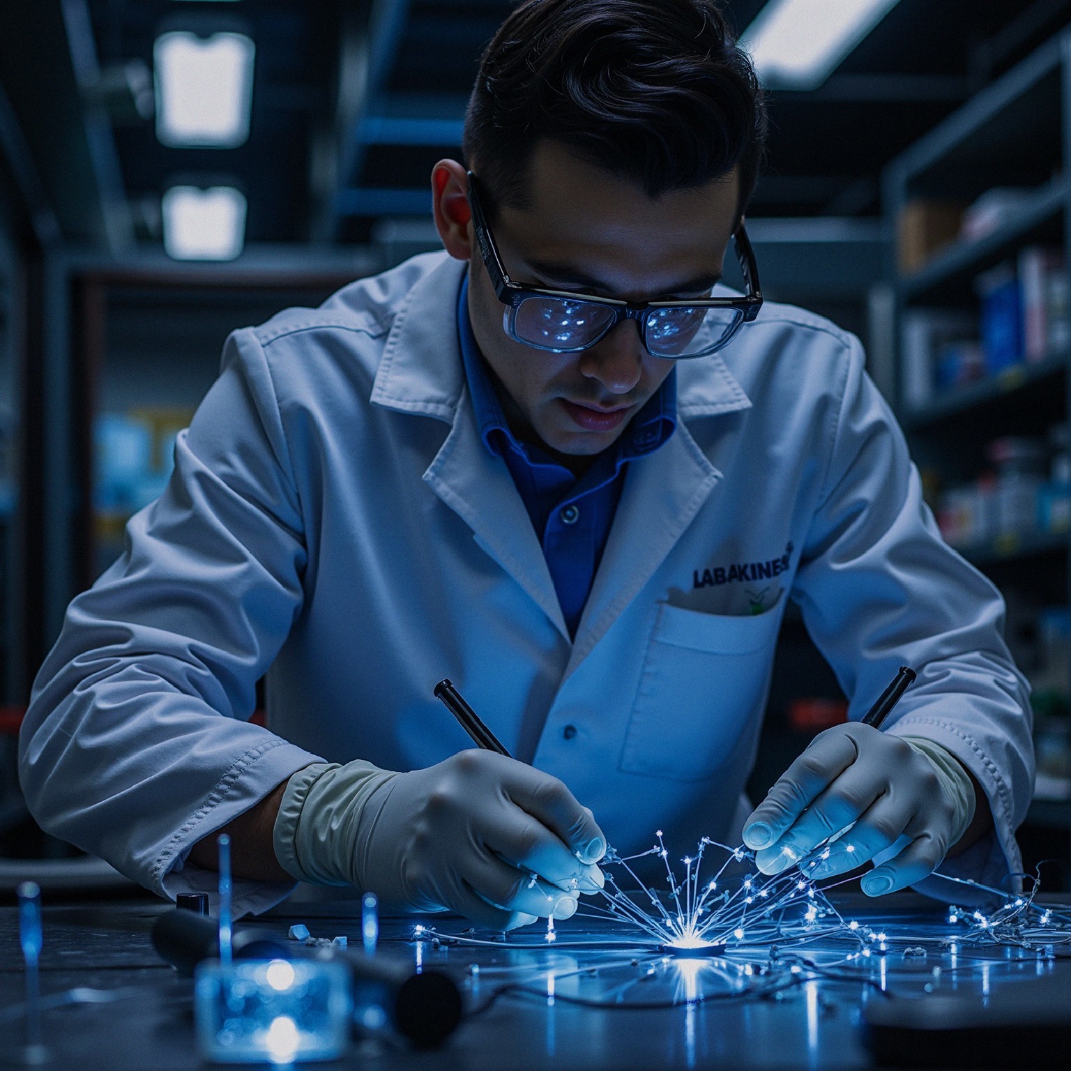 Scientist Examines Glowing Wires in Laboratory Setting