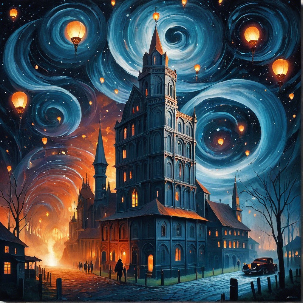 Gothic building under starry sky with floating lanterns