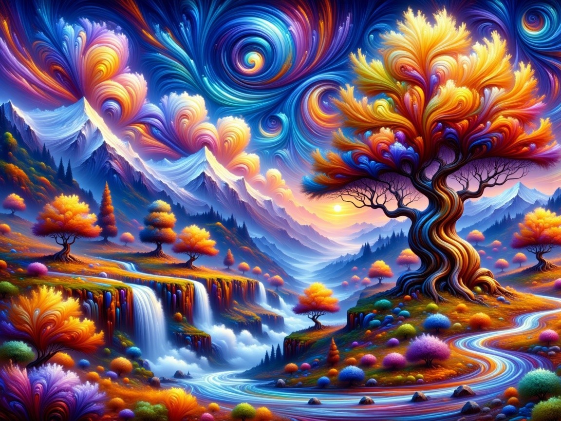 Vibrant Landscape with Colorful Trees and Waterfalls