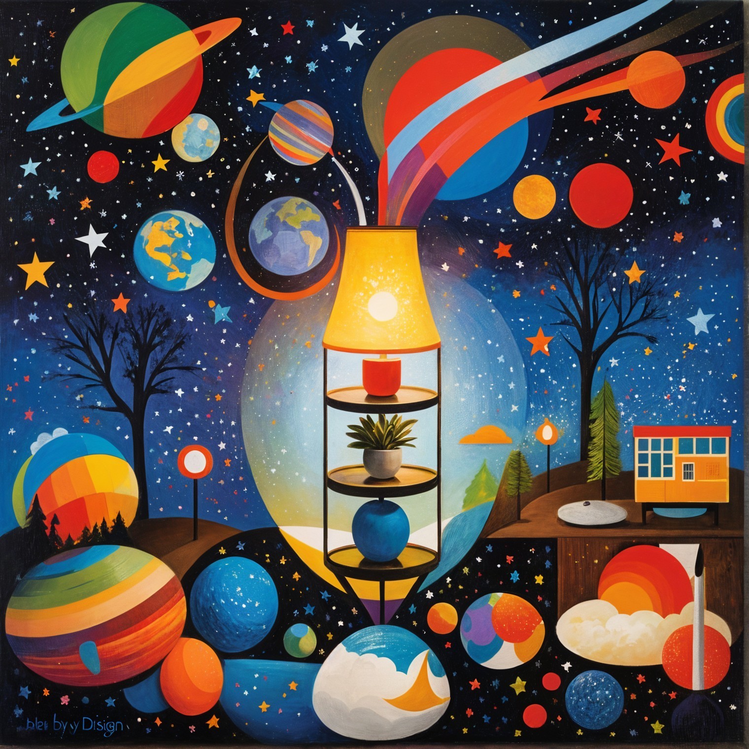 Vibrant Cosmic Scene with Celestial Bodies and Nature
