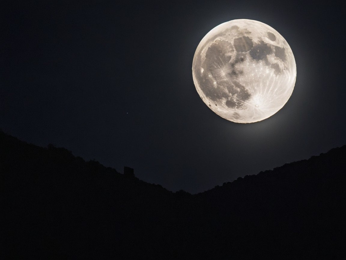 Full Moon Over Distant Mountains and Celestial Scene