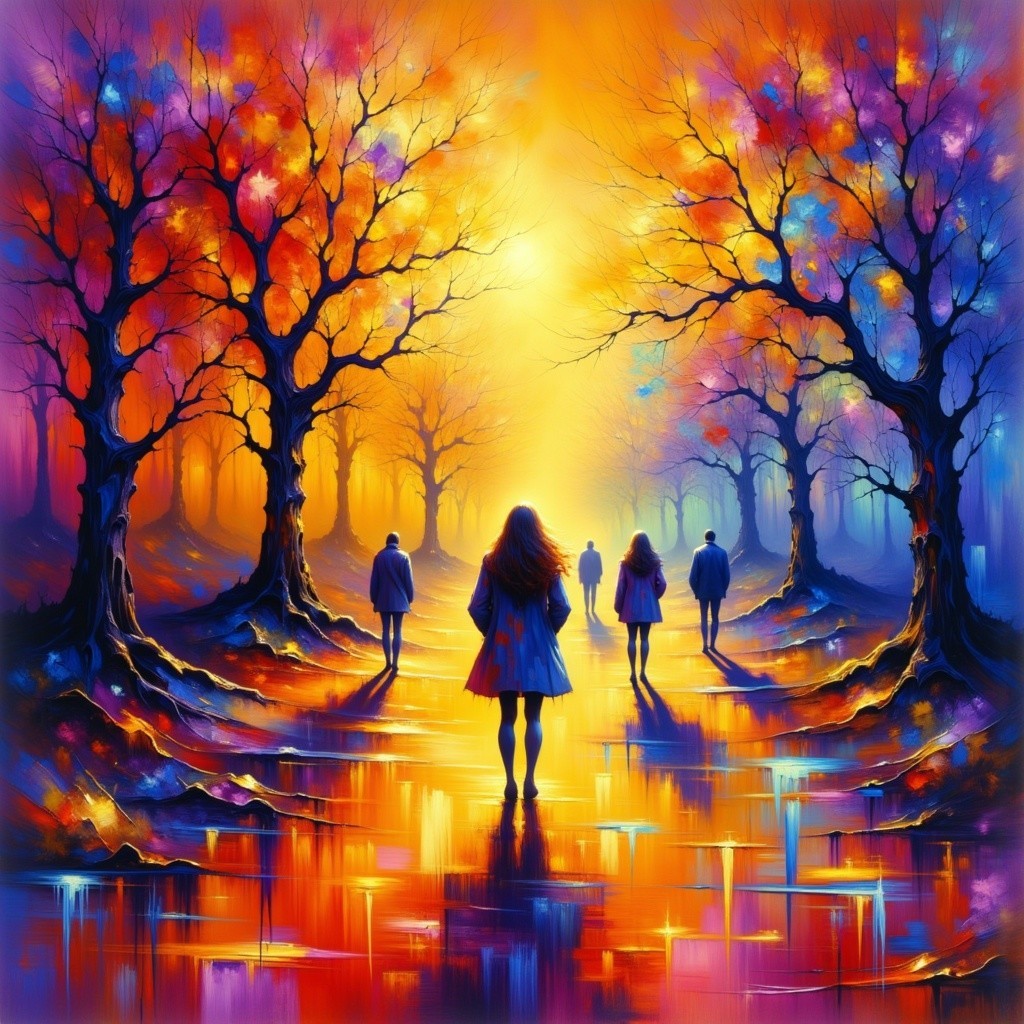Surreal Landscape with Glowing Pathway and Trees