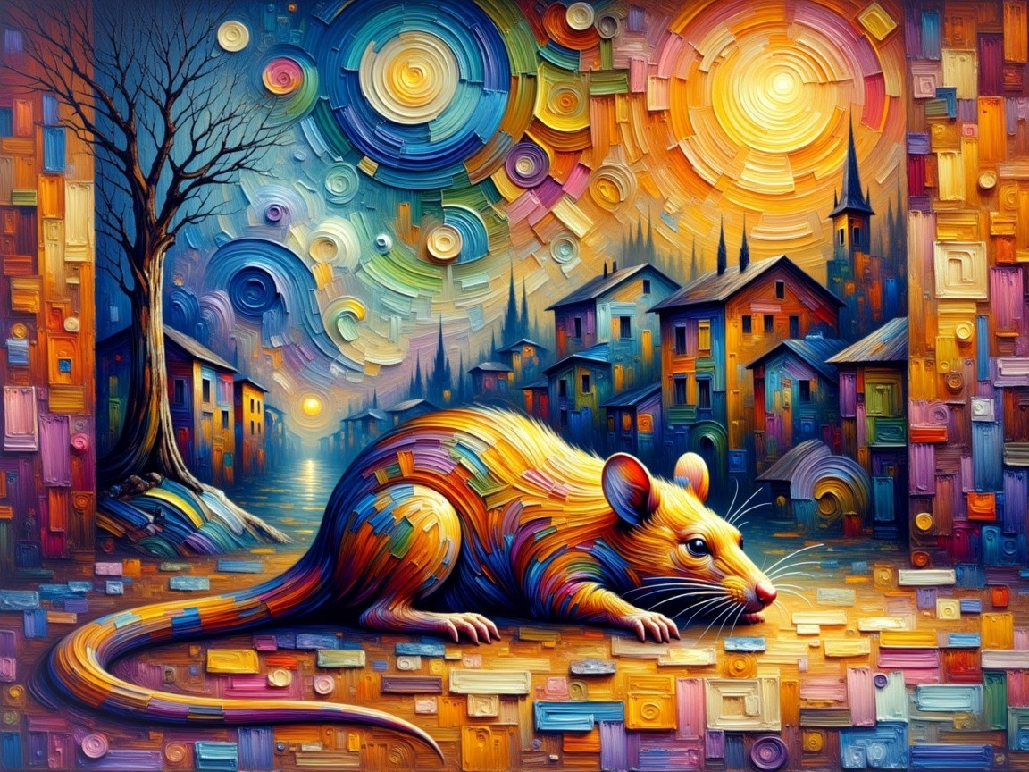 Colorful Rat in Whimsical Scene with Swirling Sky