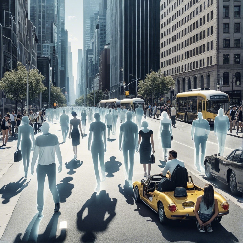 Urban street with translucent figures and skyscrapers