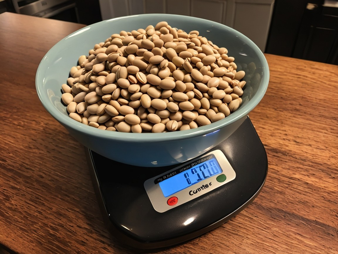 Blue Bowl of Dried Beans on Kitchen Scale at 0.32 kg