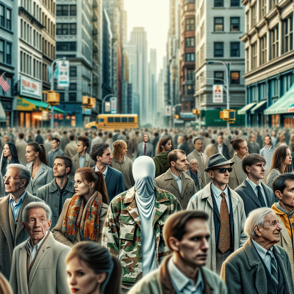 Diverse Urban Crowd with Camouflage Figure Contrast