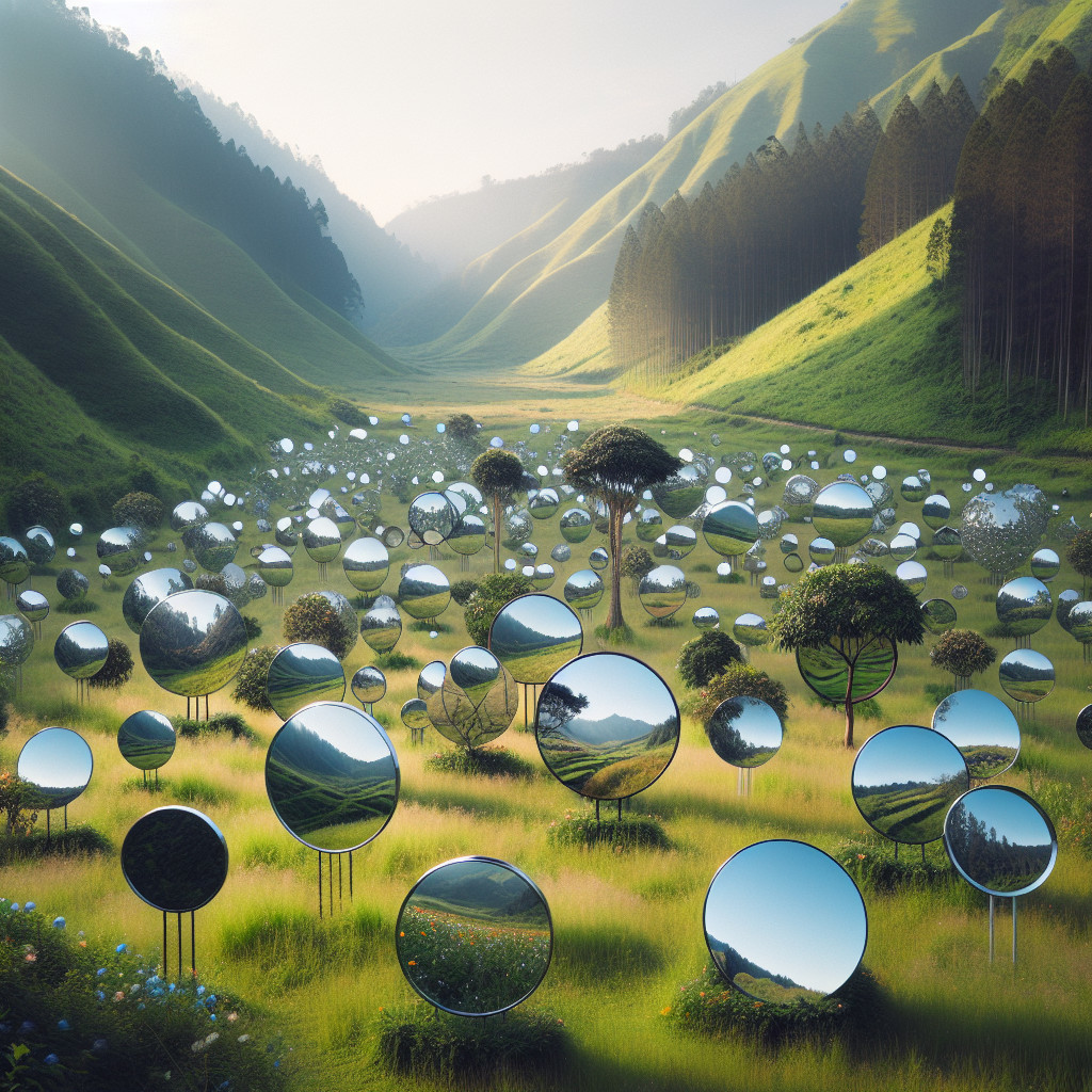Circular Mirrors in a Lush Green Valley Landscape