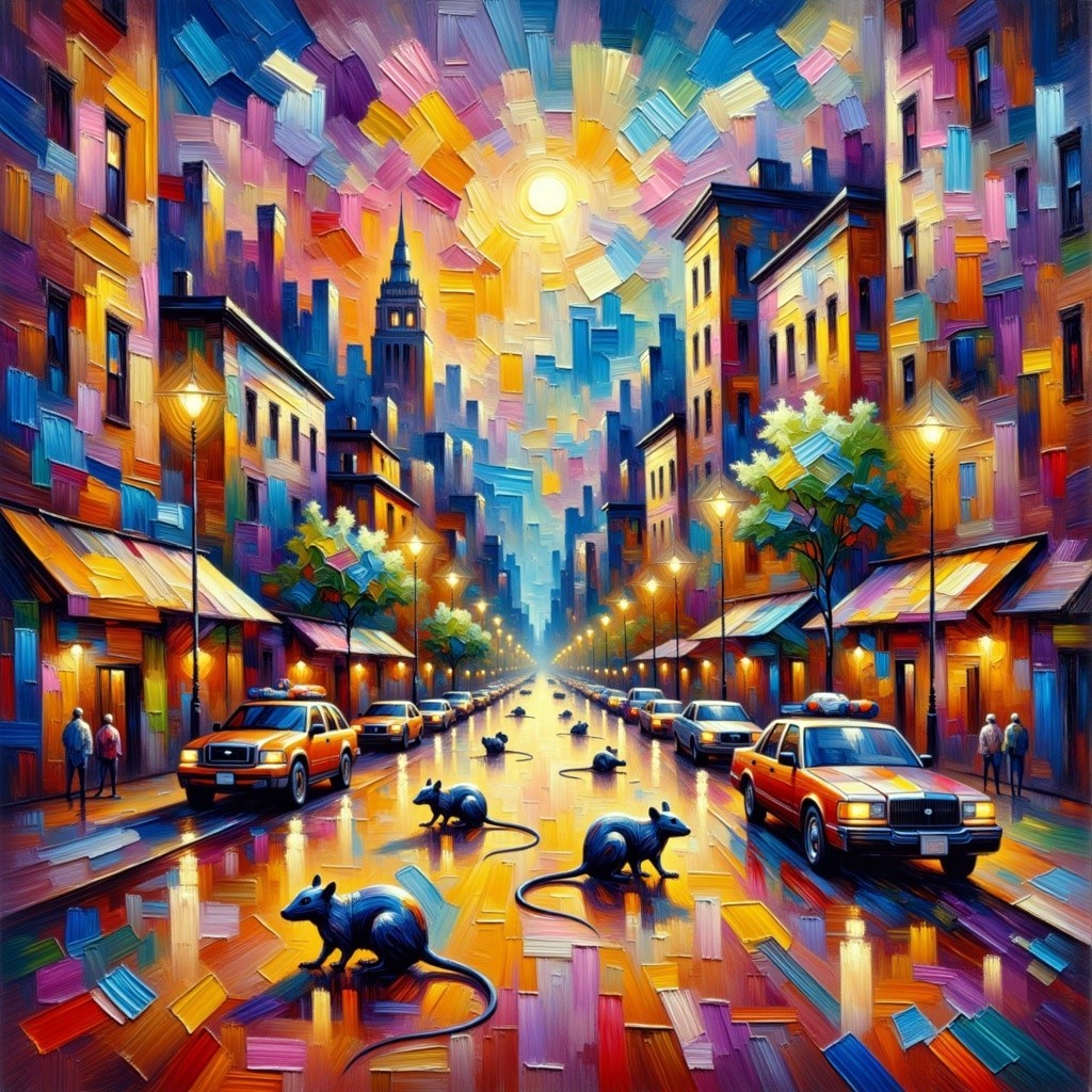 Vibrant City Street at Dusk with Urban Wildlife