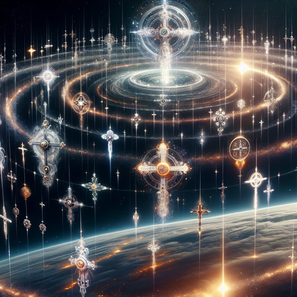 Cosmic Scene with Orbs, Symbols, and Earth Curvature