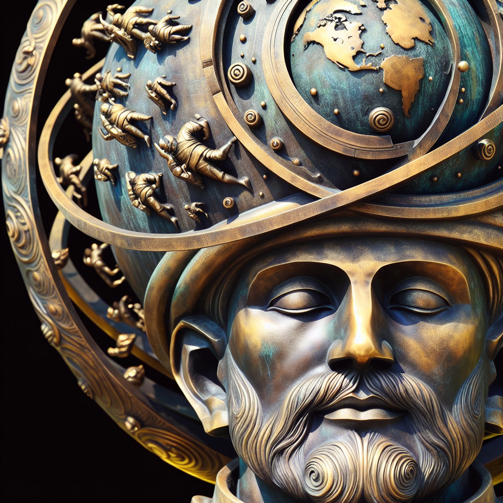 Bronze Sculpture of Bearded Man with Celestial Theme