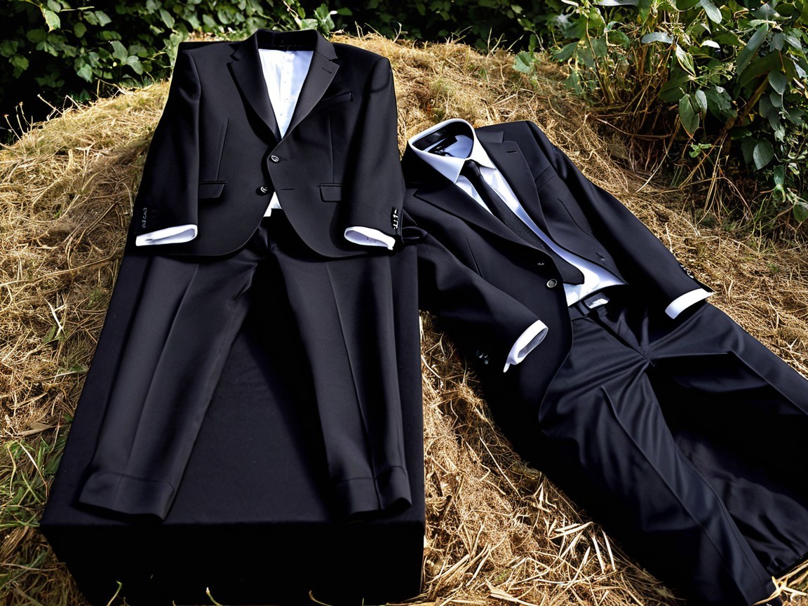 Formal Black Suits Displayed on Hay Bale in Rustic Setting