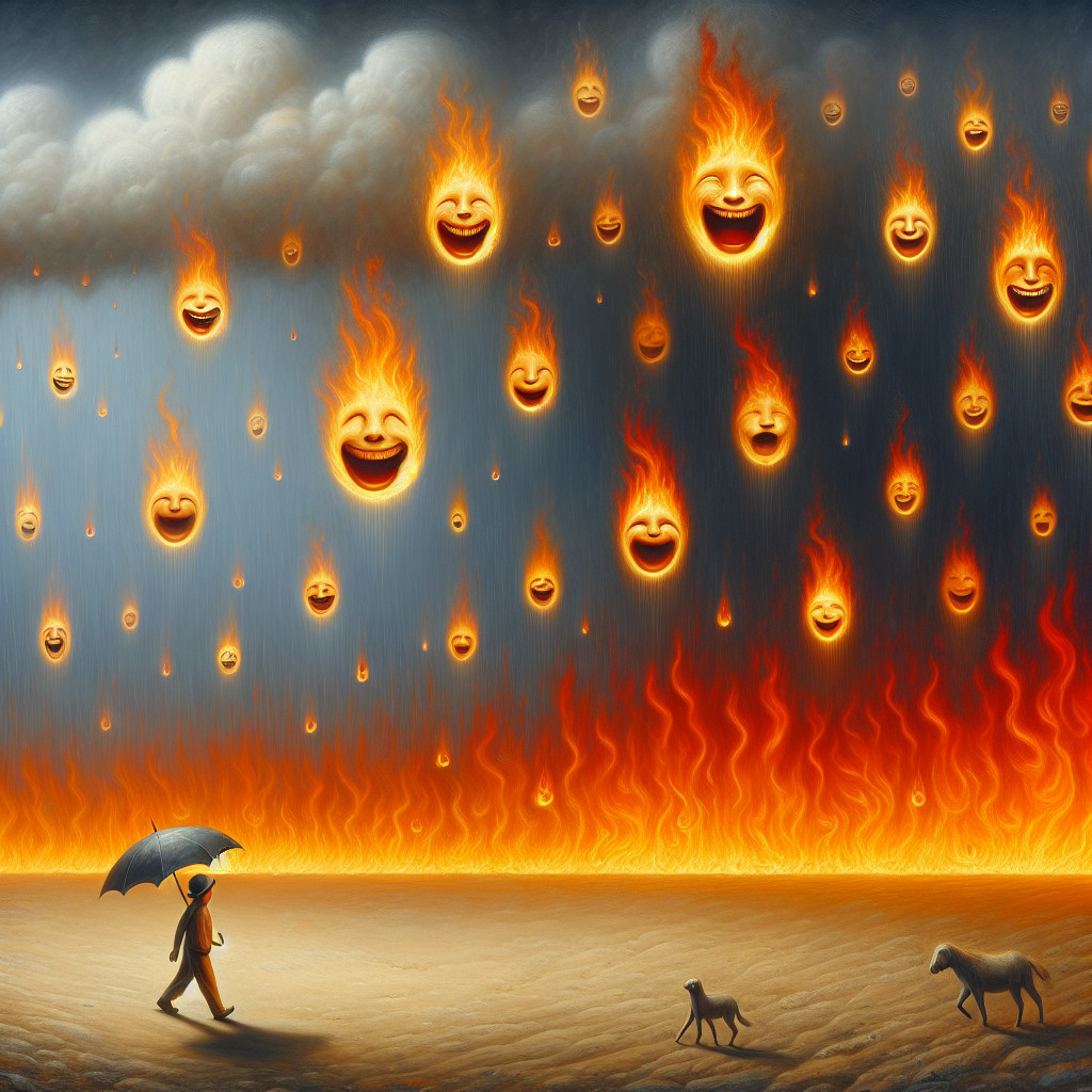 Surreal Scene of Figure with Umbrella in Fiery Landscape