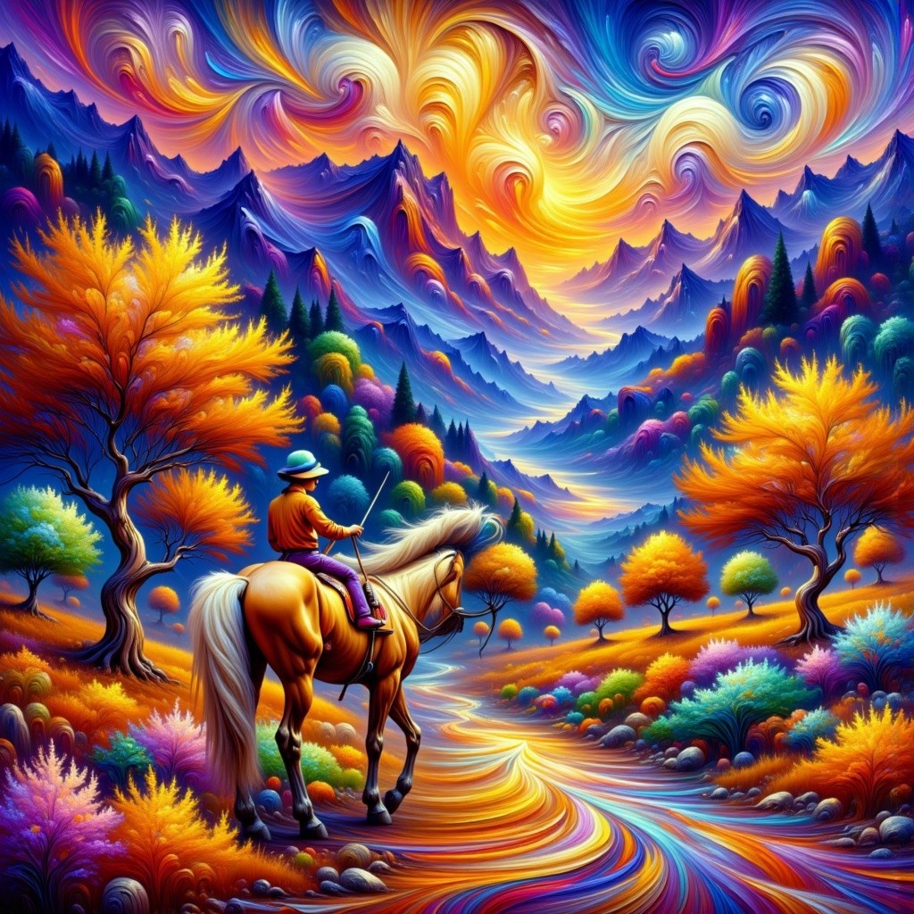 Vibrant landscape with rider on golden horse in forest