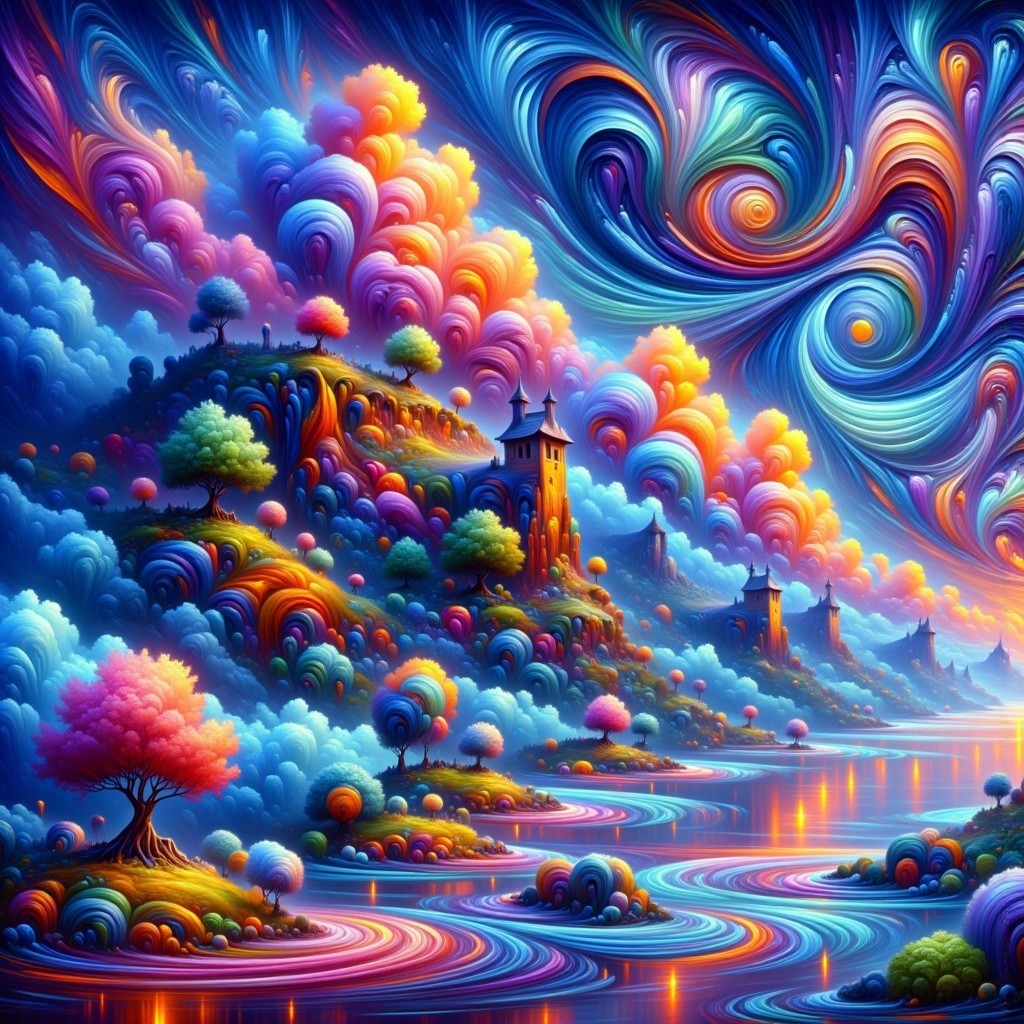 Vibrant Dreamlike Landscape with Colorful Elements