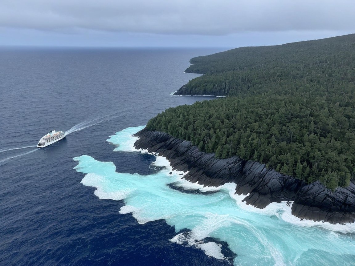 Cruise Ship Navigating Rugged Coastline and Turquoise Waves