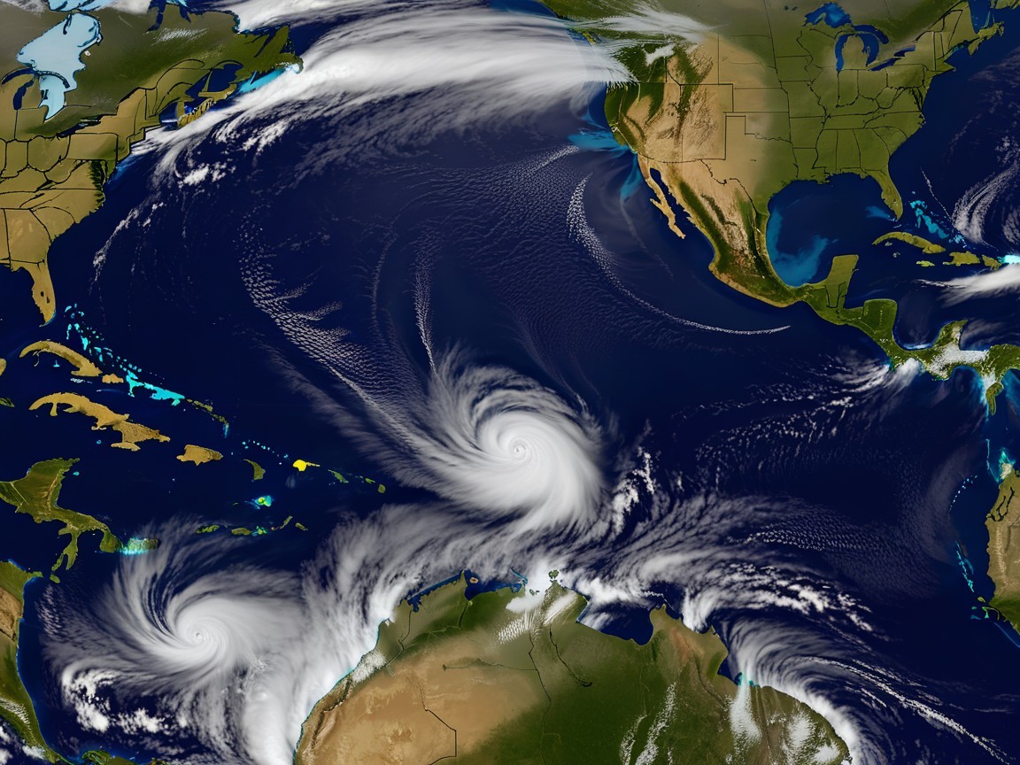 Satellite View of Atlantic and Pacific Oceans with Storms