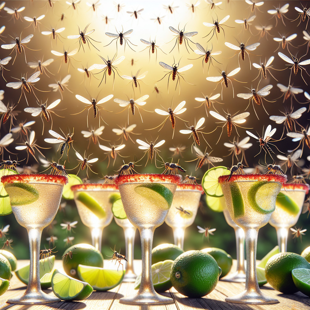 Margarita Glasses with Limes and Mosquitoes in Sunlight