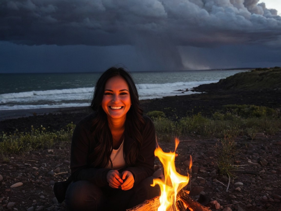 Woman by Campfire Against Stormy Sky and Ocean Waves