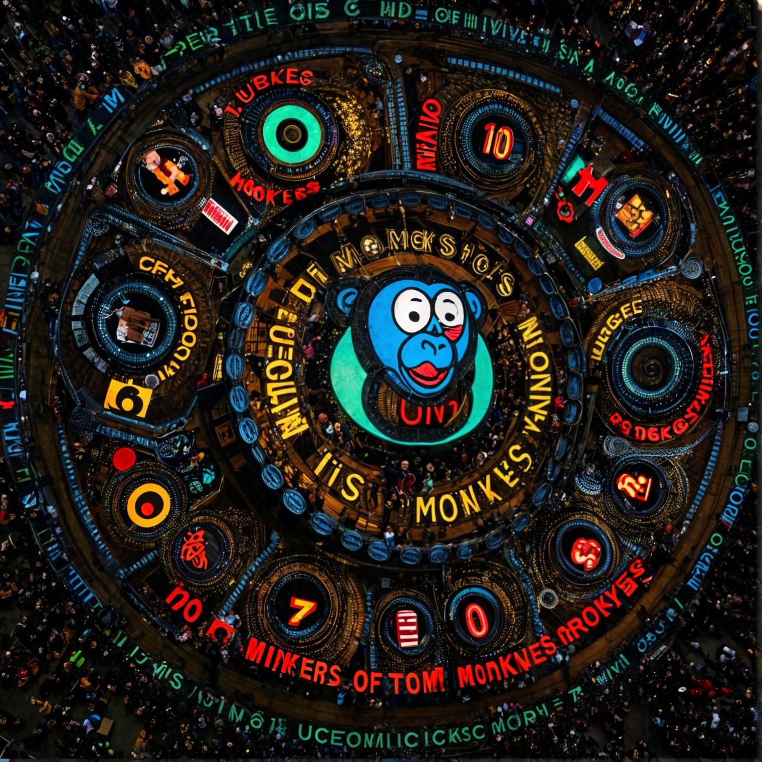 Vibrant Circular Design with Monkey-Themed Graphics