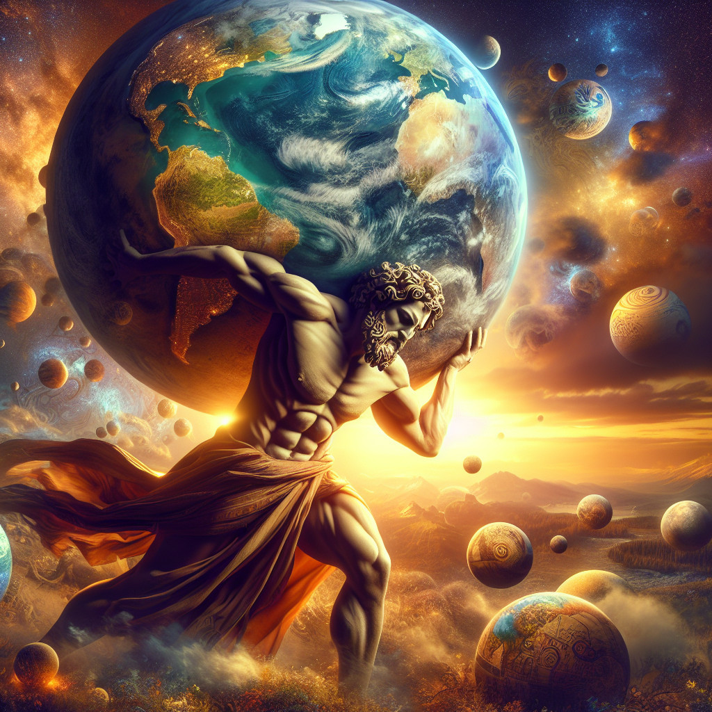 Majestic figure lifting Earth in cosmic scenery