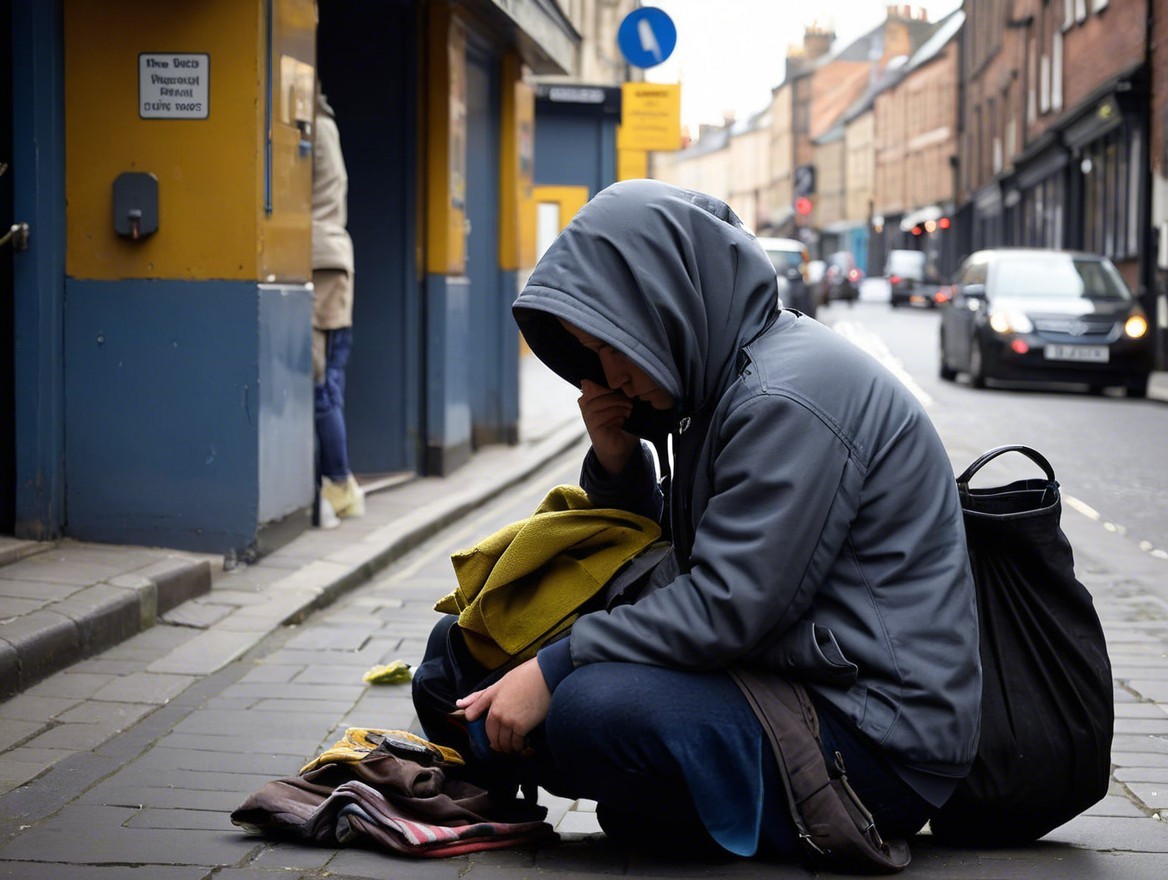 Crouched Individual Beside Clothing on Cobblestone Street